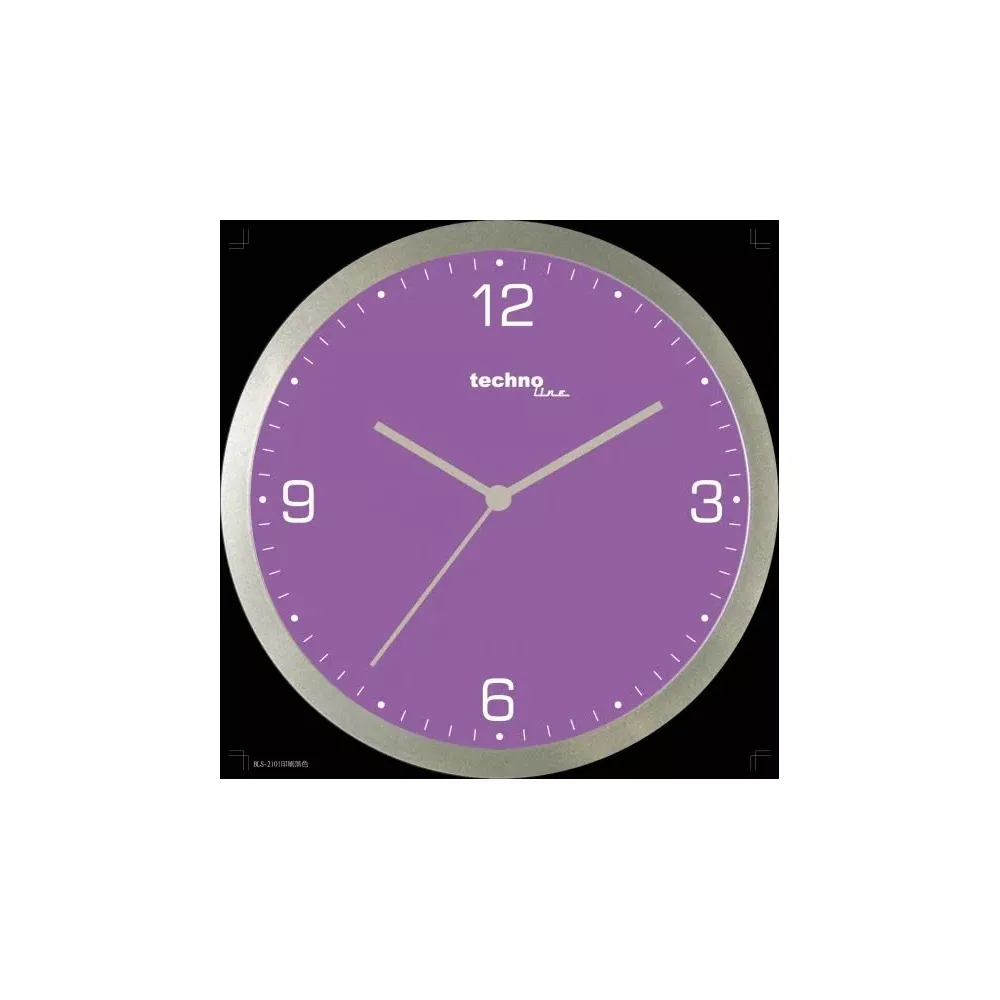 Un orologio da parete rotondo viola con cornice e lancette argentate.