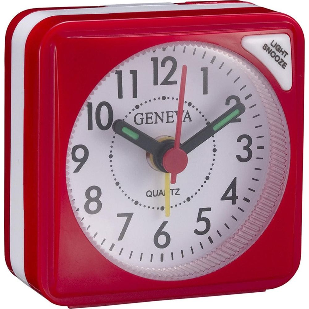Rote quadratische Weckuhr mit weißen Akzenten. Sie zeigt 10:08 Uhr.