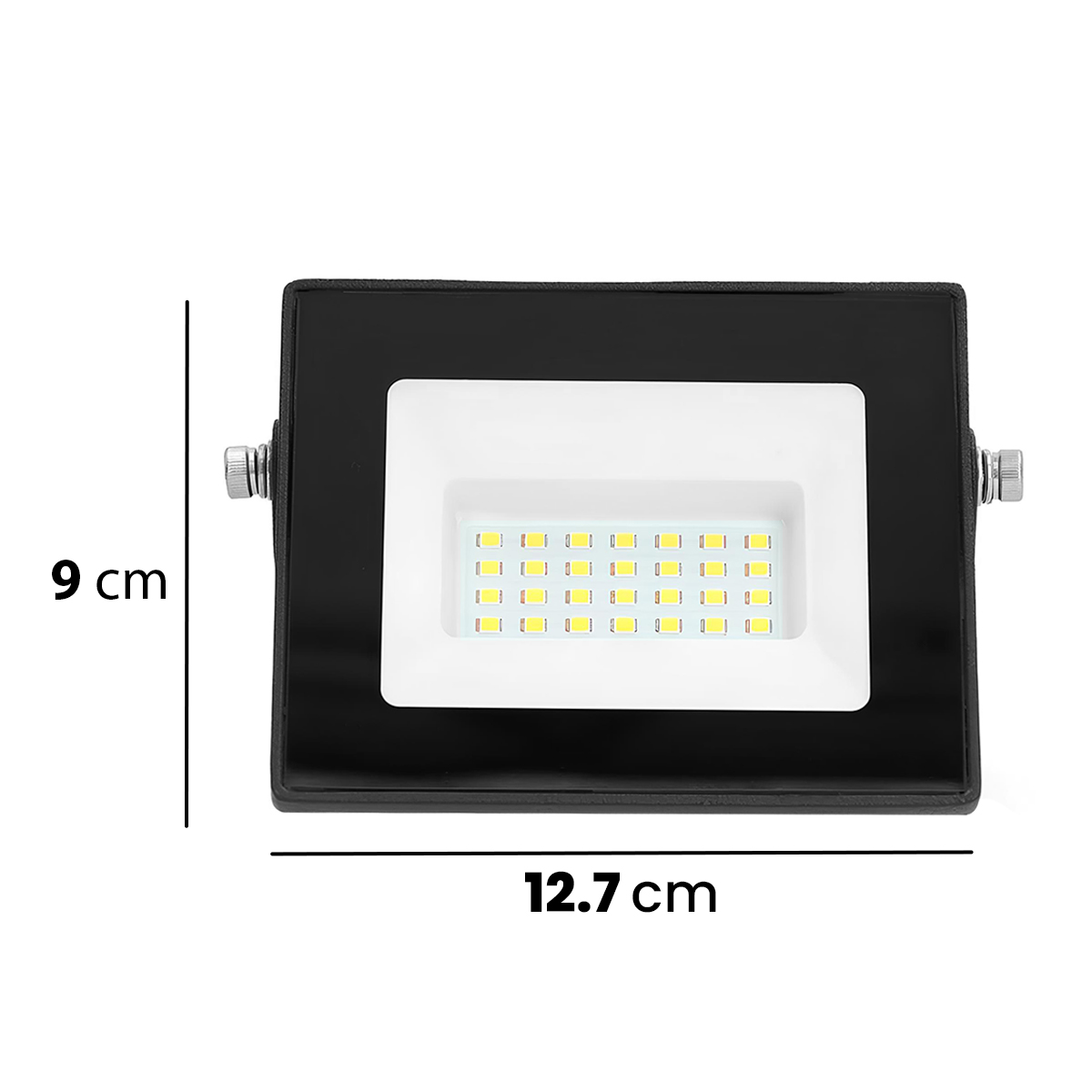 Zwarte LED-schijnwerper, 12,7 cm breed, 9 cm hoog, met veel kleine lampjes.