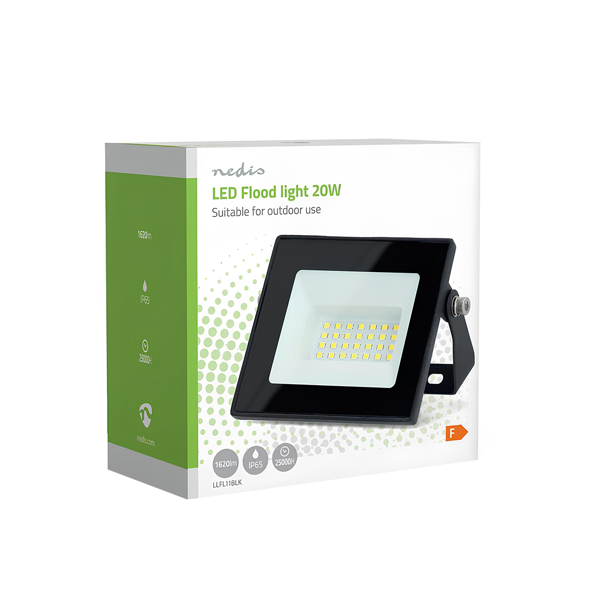 Verpakking van een zwarte 20W LED-schijnwerper, geschikt voor buiten.