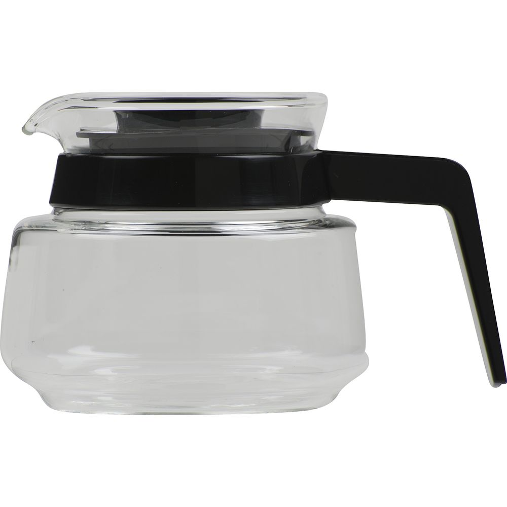 Eine transparente Glas-Kaffeekanne mit schwarzem Griff und Deckel.