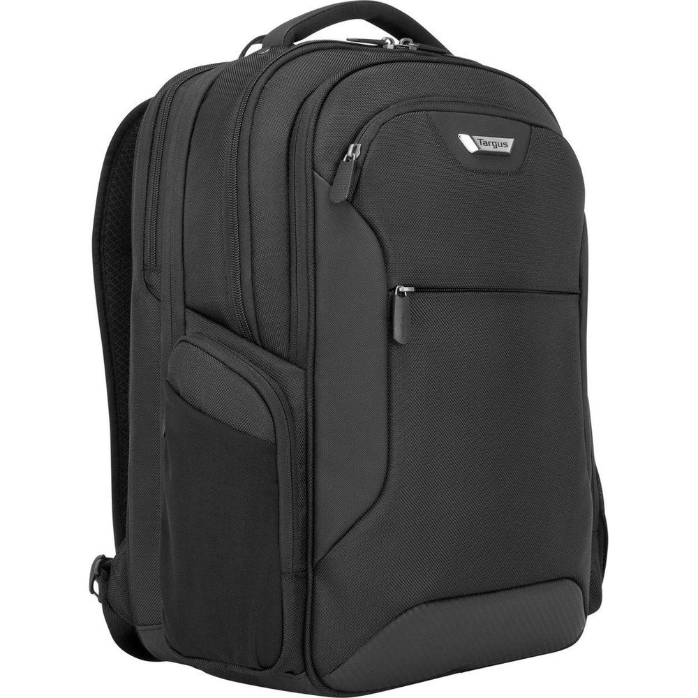 Schwarzer Targus Rucksack mit mehreren Fächern und Reißverschlüssen.