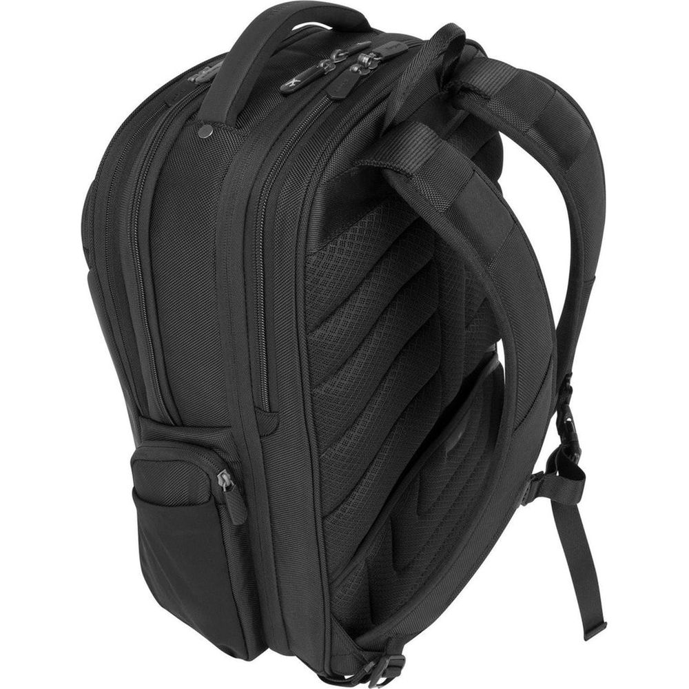 Schwarzer Rucksack mit gepolsterten Trägern und einem Netzrücken.