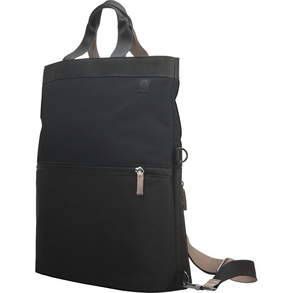 Borsa nera con manici, cerniera e tracolla.
