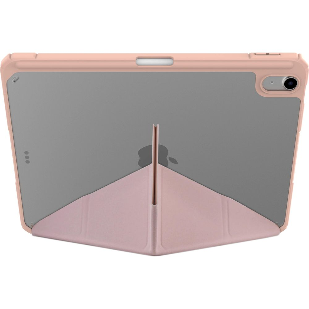 Un tablet oro rosa in una custodia trasparente con supporto.