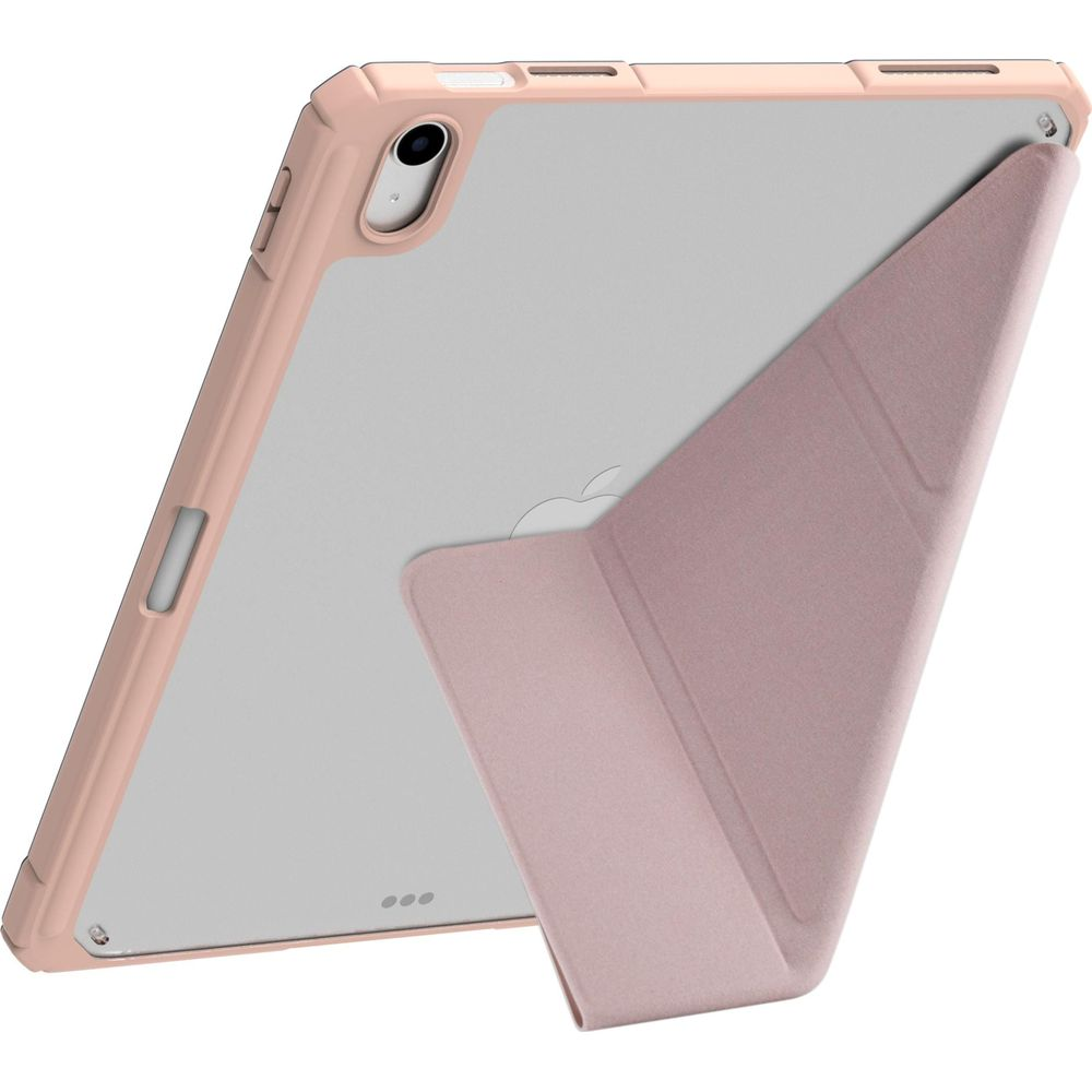 Una custodia rosa per tablet è mostrata con la copertina piegata come supporto.