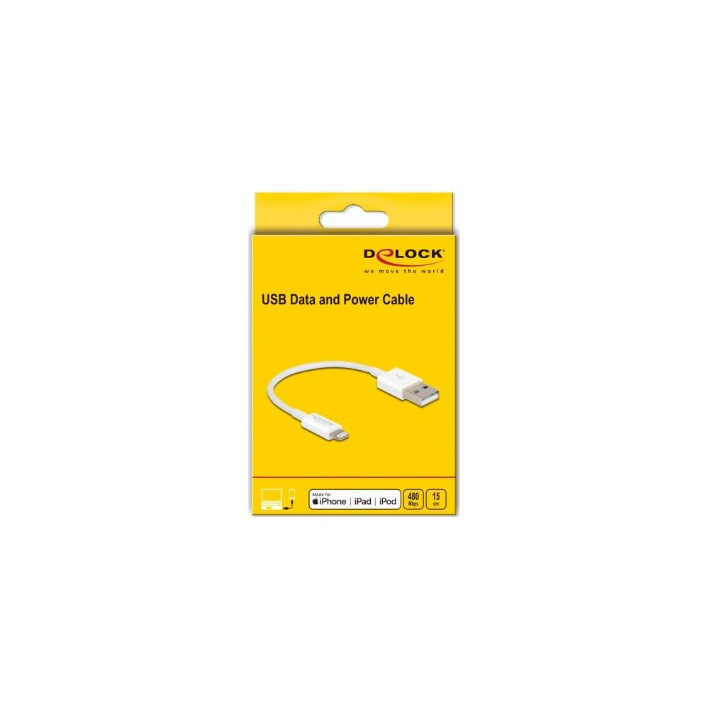 Embalaje de un cable de datos y carga USB blanco con conector Lightning.