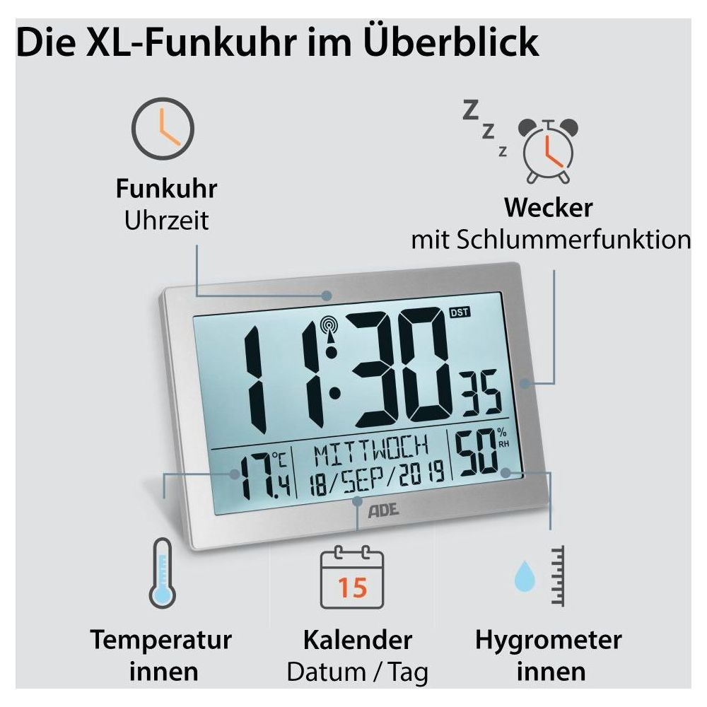 Digitale Wetterstation mit Uhrzeit, Datum, Temperatur, Luftfeuchtigkeit und Alarm.