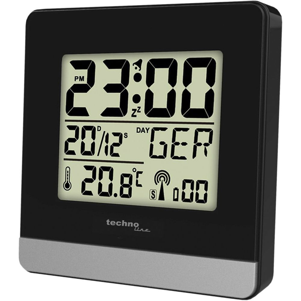 Una sveglia digitale nera e argento con display bianco che mostra 23:00, data 20/12, GER e 20.8°C.