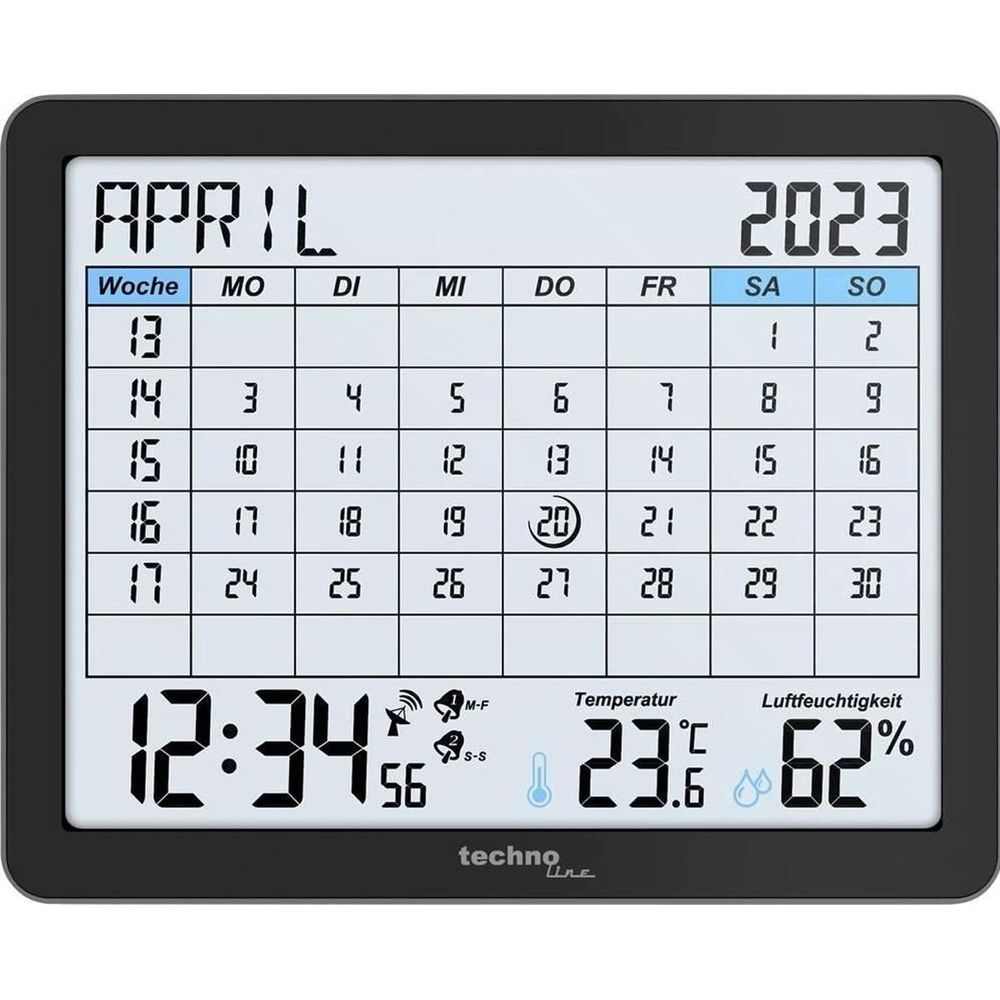 Orologio digitale mostra calendario aprile 2023, ora, temperatura, umidità.