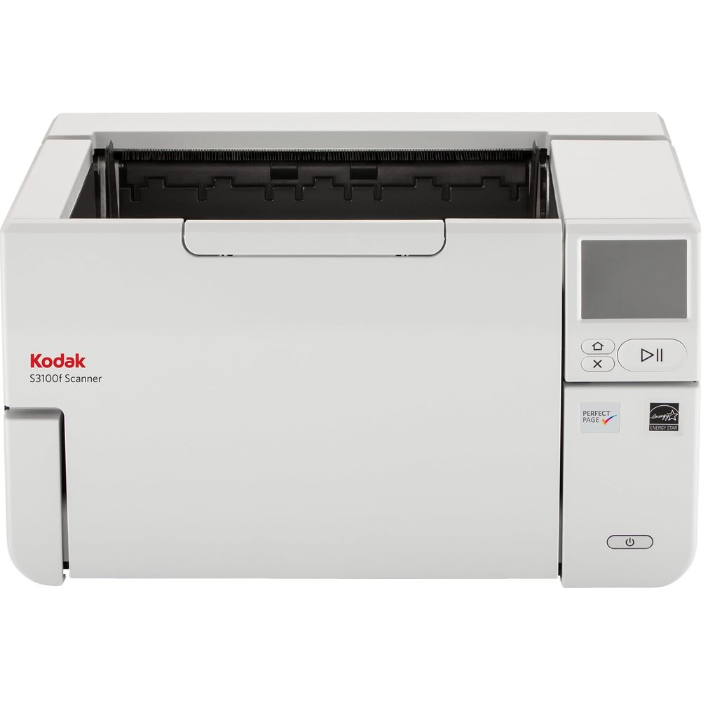 Biały skaner Kodak S3100f z panelem sterowania i cyfrowym wyświetlaczem.