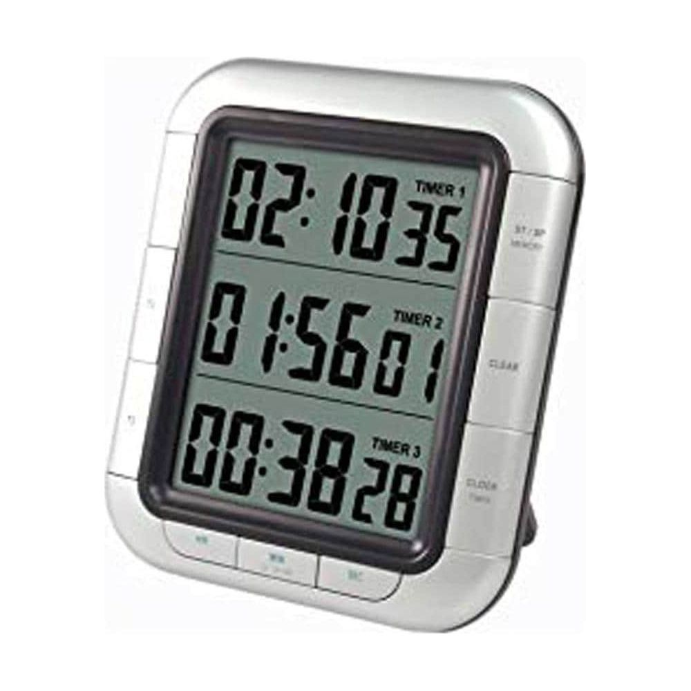 Digitaler Timer mit drei Anzeigen: 02:10:35, 01:56:01, 00:38:28.
