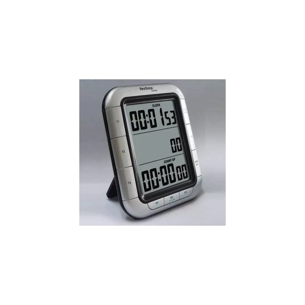 Silberner digitaler Timer mit drei Anzeigen und Knöpfen an der Unterseite.