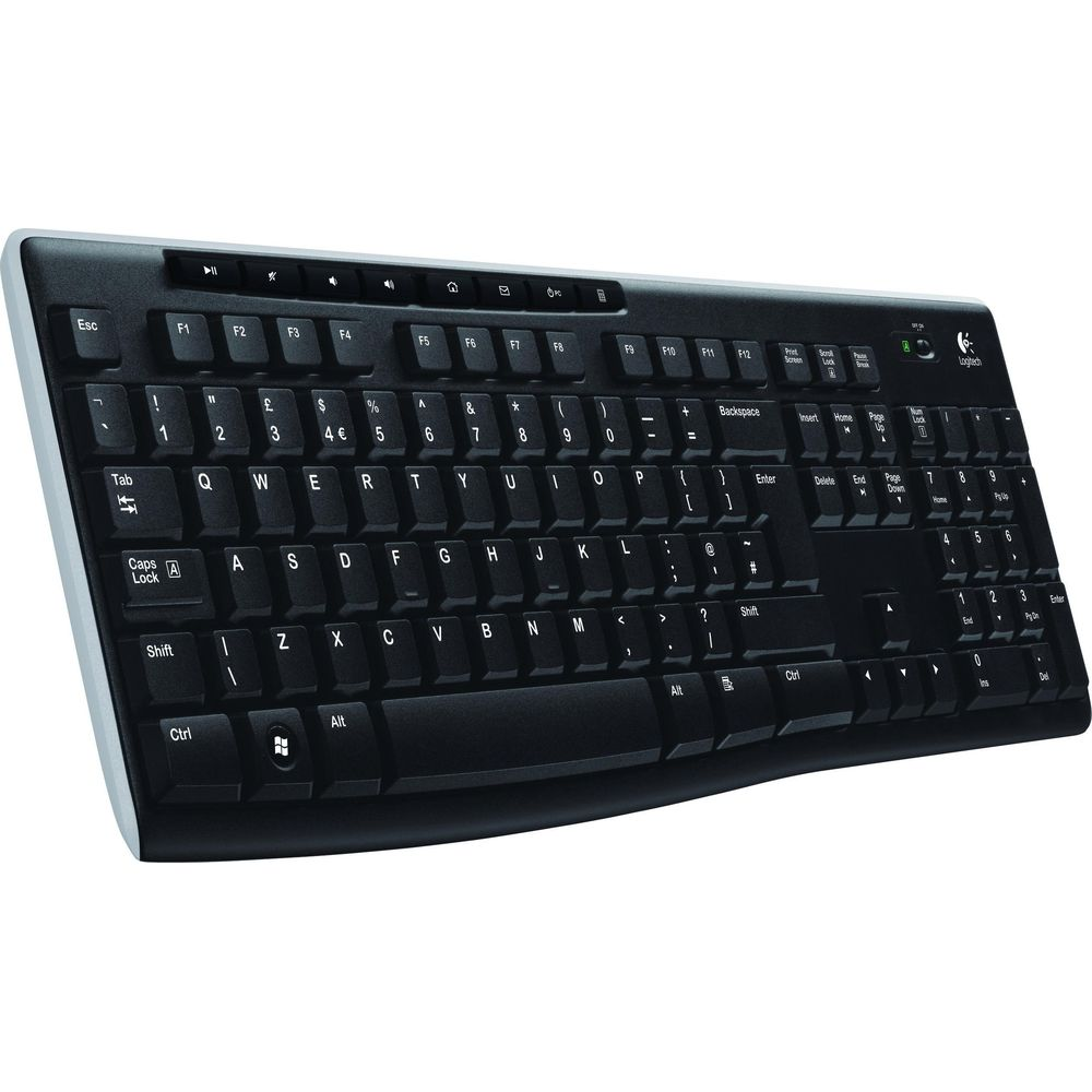 Schwarze Logitech Tastatur mit silbernem Rand, weiße Tastenbeschriftung.