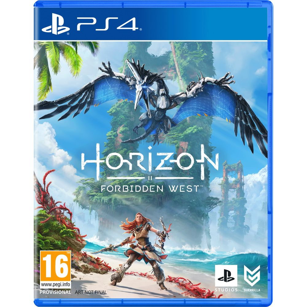 Eine Frau mit Bogen steht vor einer Riesenechse im Flug. PS4-Spielcover.