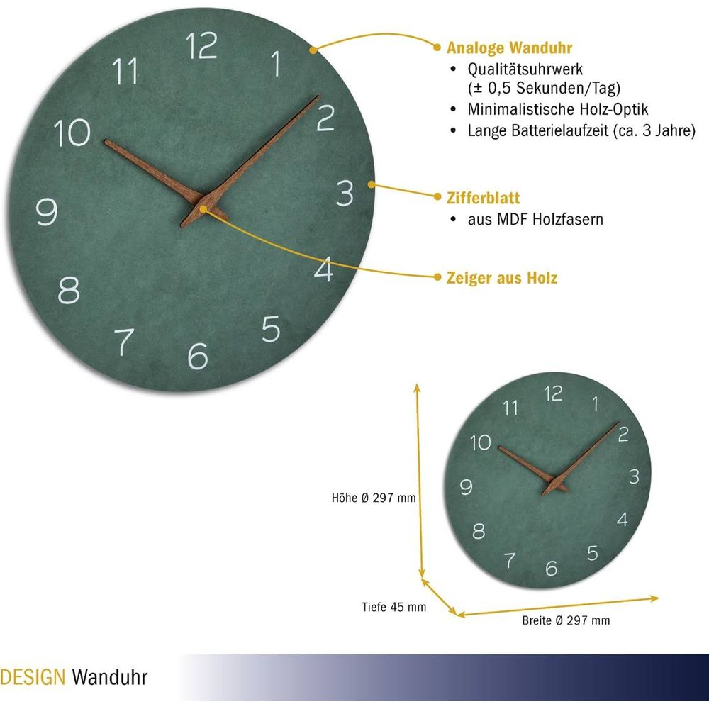 Grüne Wanduhr mit Holzzeigern und Ziffern. Maße: 297mm Durchmesser, 45mm Tiefe.