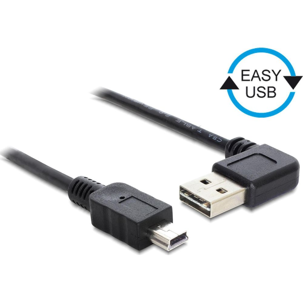 Schwarzes USB-Kabel mit Mini-USB- und USB-A-Stecker. "Easy USB"-Logo.