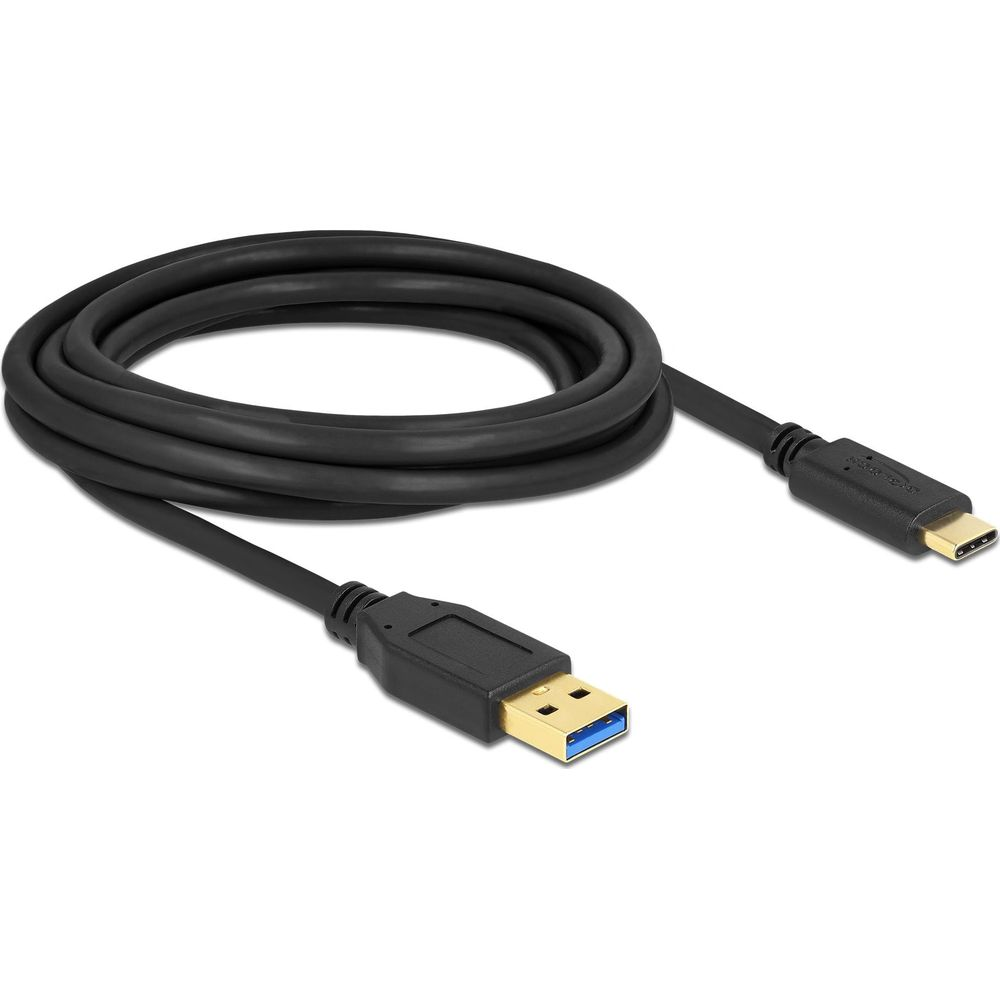Een zwarte USB-kabel met een USB-A-connector en een USB-C-connector.