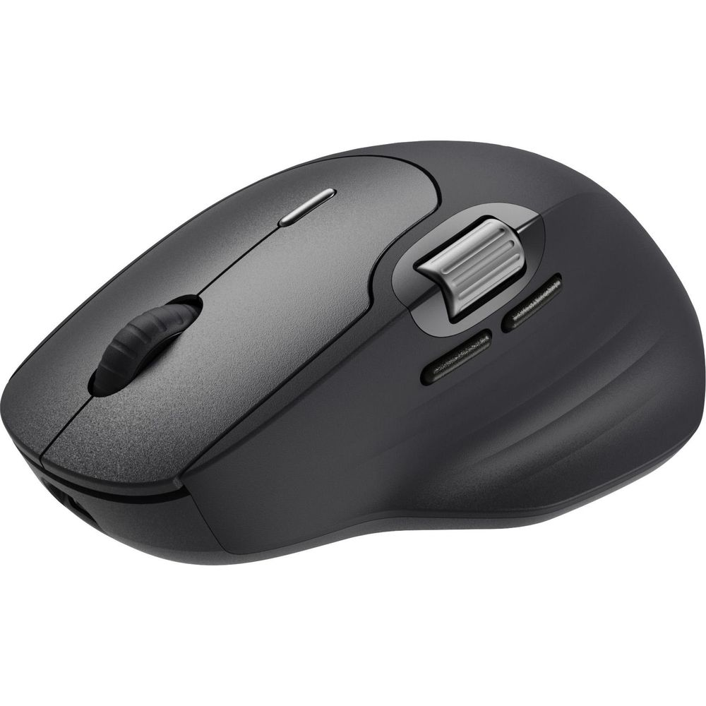 Czarna mysz komputerowa z kółkiem przewijania i przyciskami.