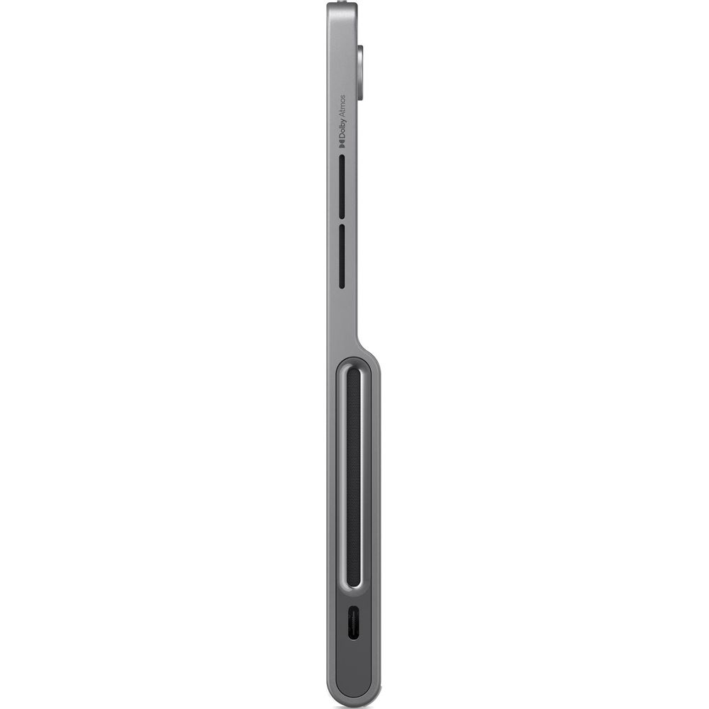 Graues Tablet-Profil mit Dolby Atmos Logo, Ladeanschluss und Lautsprechergrill.