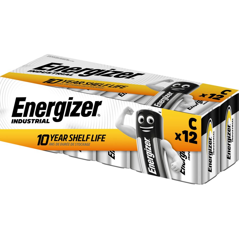 Energizer Industriebatterien C, 12er-Packung mit 10 Jahren Haltbarkeit.
