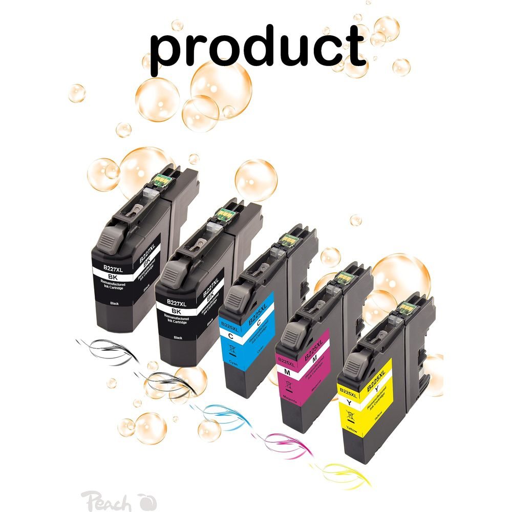 Cinq cartouches d'encre : noir, cyan, magenta et jaune, sur fond blanc.