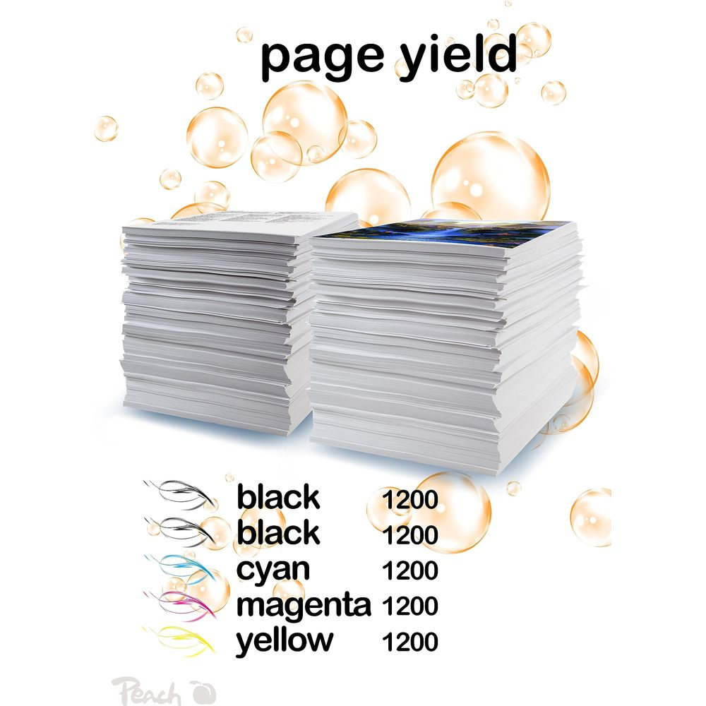 Deux piles de papier blanc, une avec image colorée. Texte liste couleurs d'encre et rendement.