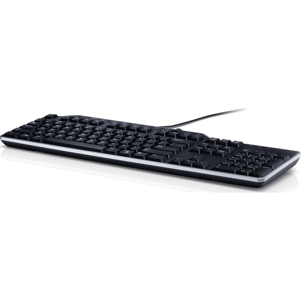 Black computer keyboard with silver trim, white background, cable extending right.