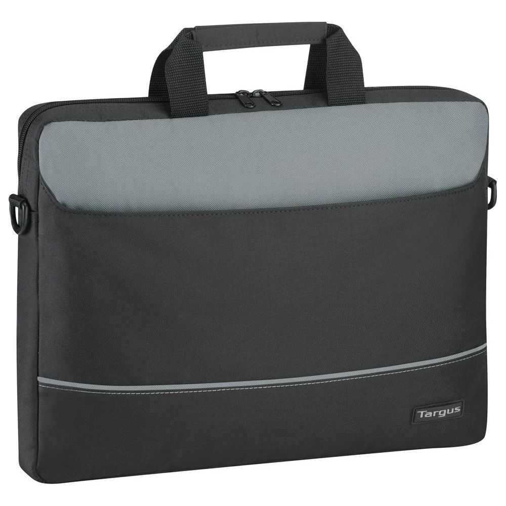 Borsa nera per laptop con sezione superiore in tessuto grigio e manici.