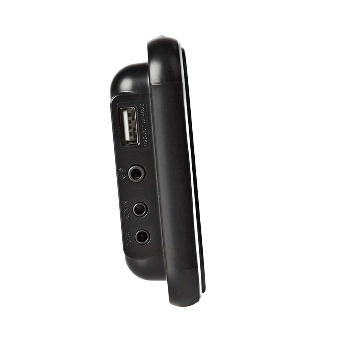 Schwarzes Gerät mit USB-Anschluss und zwei runden Anschlüssen.
