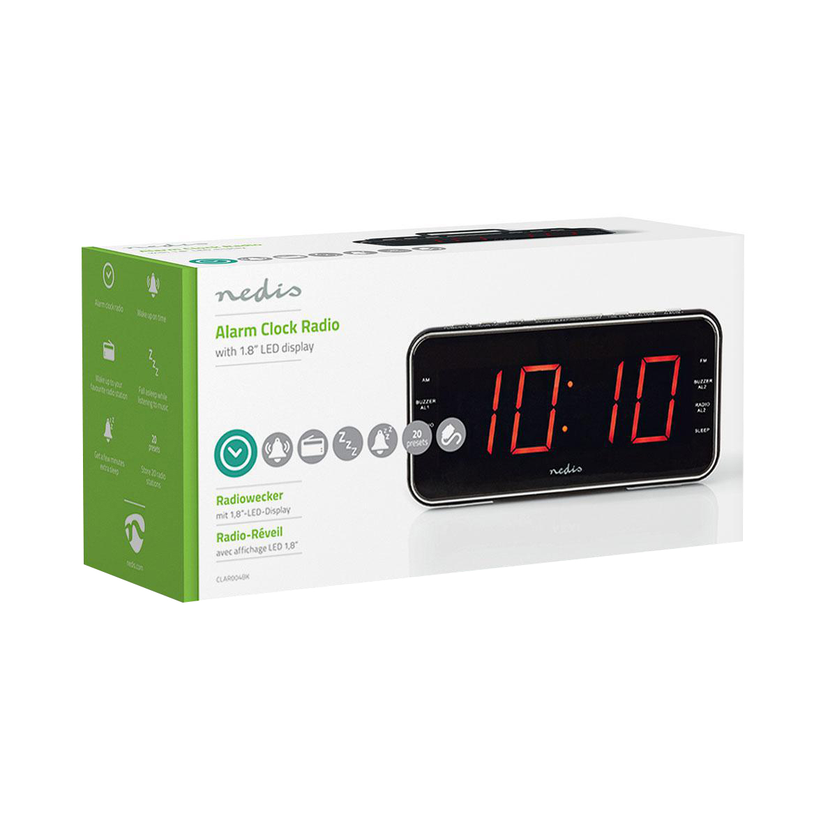 Verpackung eines Nedis Radioweckers mit rotem 1,8-Zoll-LED-Display, das 10:10 anzeigt.