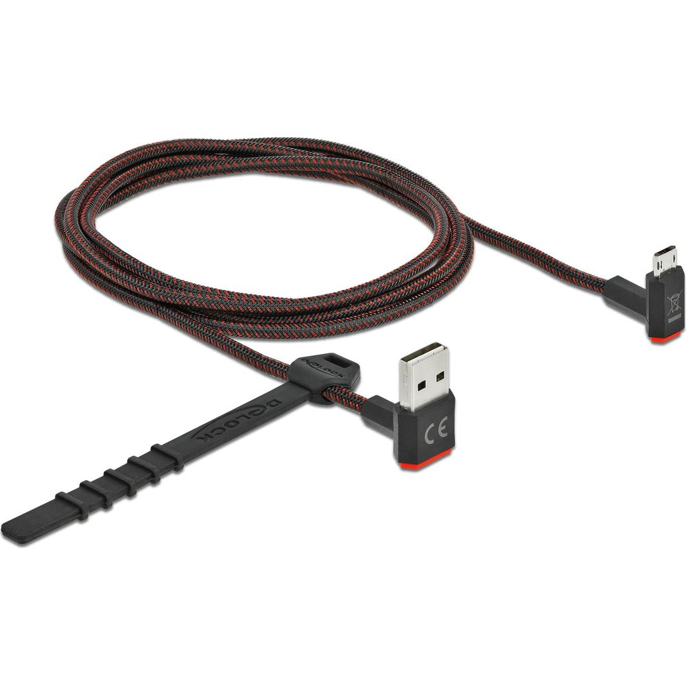 Un cavo USB nero e rosso con cavo avvolto e due connettori.