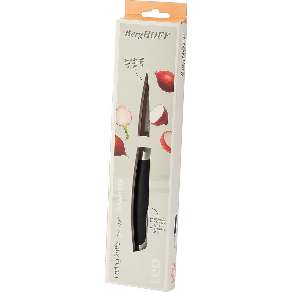 Couteau d'office BergHOFF Graphite avec manche noir et radis sur l'emballage.