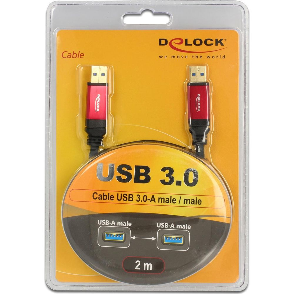 Delock USB 3.0 Kabel, 2m, rot-schwarze Stecker, männlich zu männlich.