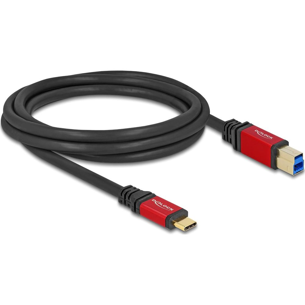 Schwarzes USB-C zu USB-A Kabel mit roten Steckern, auf weißem Hintergrund.