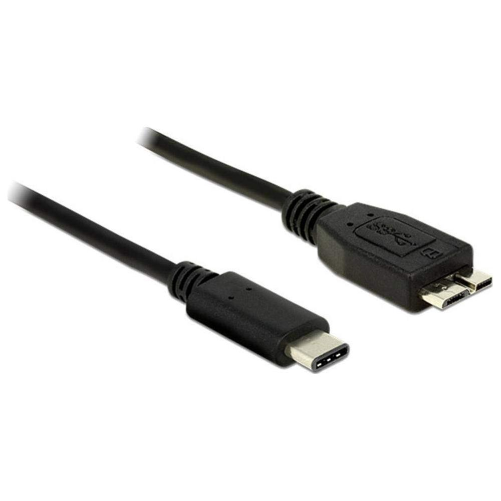 Een zwarte USB-C kabel met een micro-USB connector.