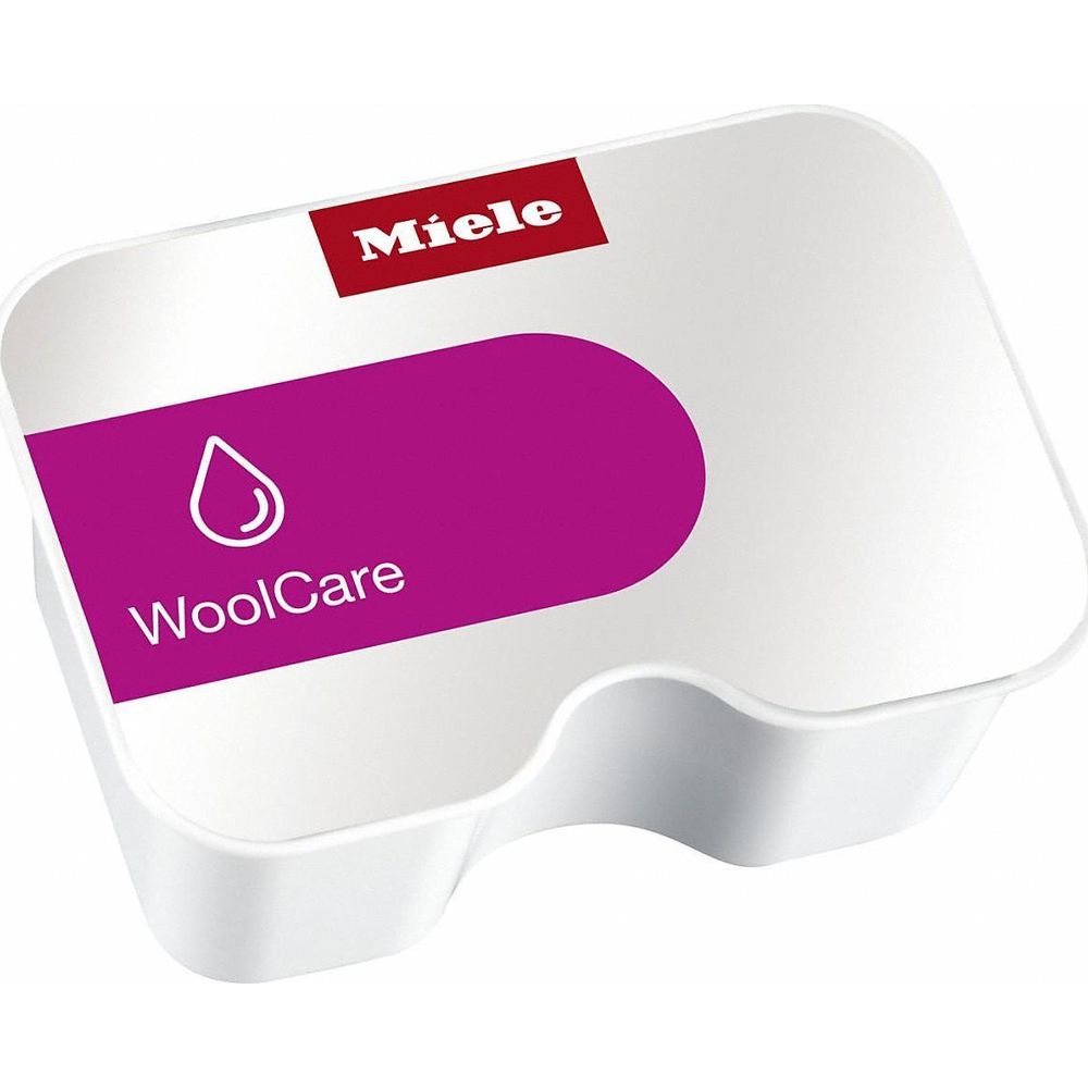Miele WoolCare Produktbehälter mit Tropfensymbol und Schriftzug.