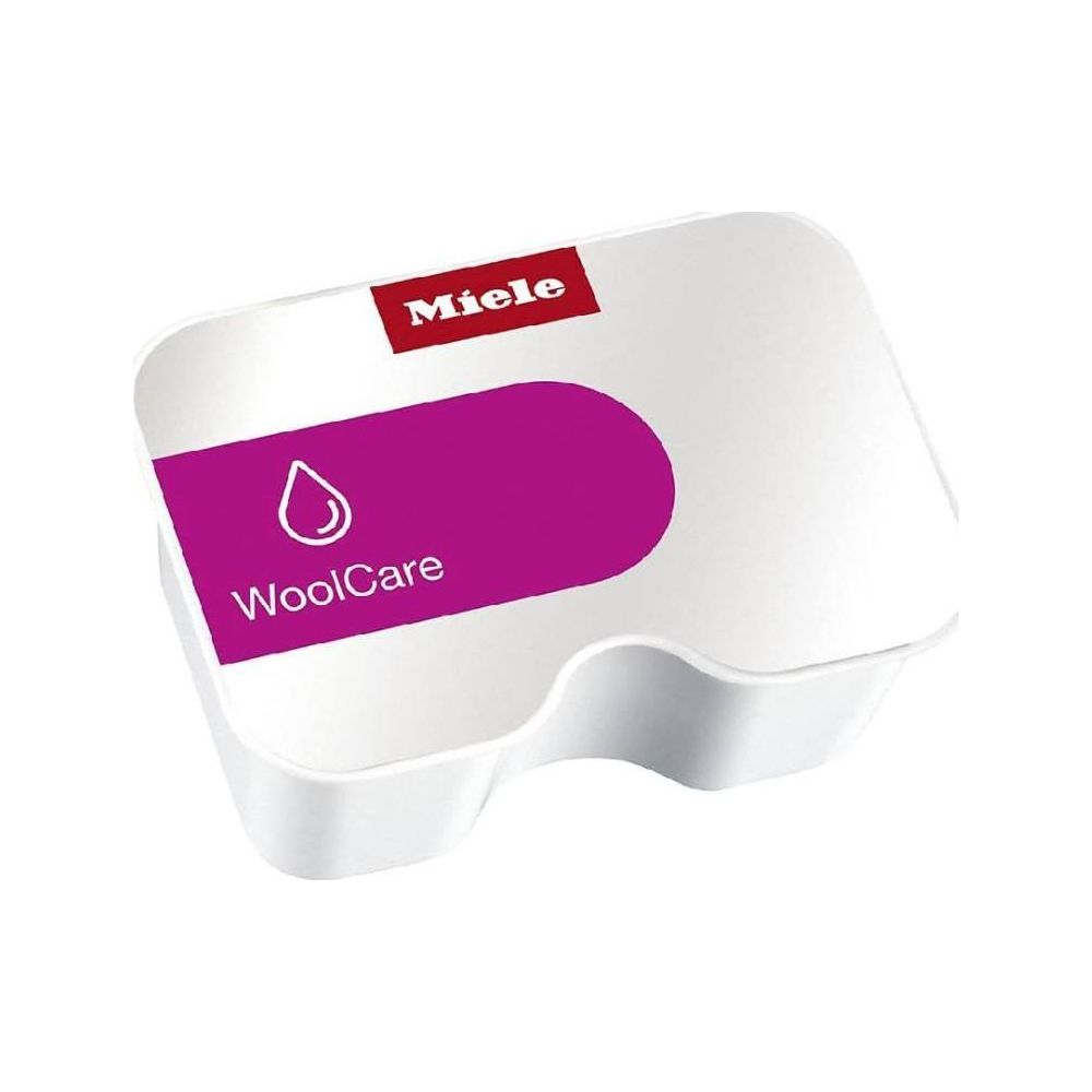 Weiße Miele-Box mit lila WoolCare-Symbol und Tropfen