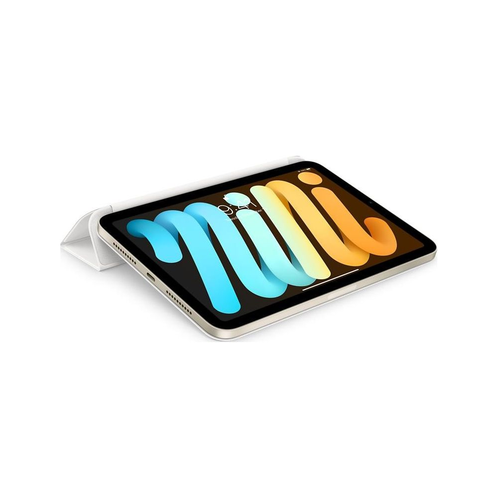 Ein hellgraues Tablet mit weißer Hülle und einem bunten Hintergrundbild.