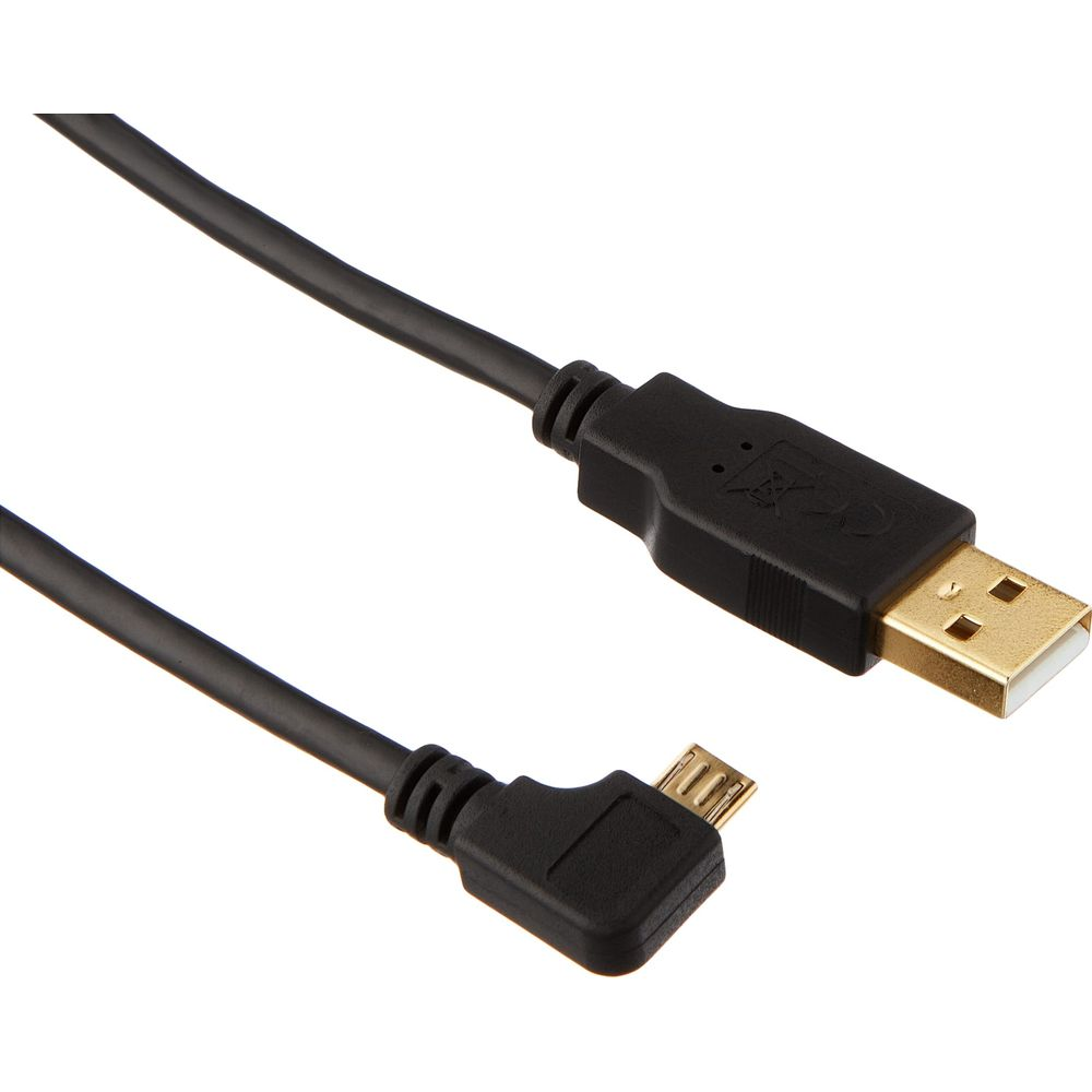 Câble USB noir avec connecteur Type-A standard et connecteur Micro-USB coudé.