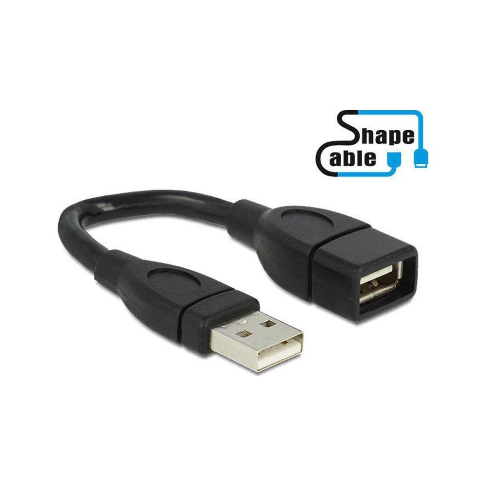 Een zwarte USB-verlengkabel met één mannelijke en één vrouwelijke connector.