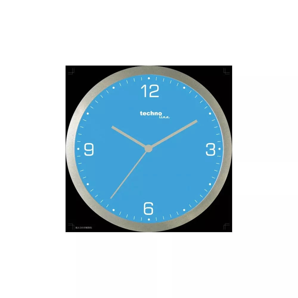 Une horloge murale bleue avec un cadre et des aiguilles argentés.
