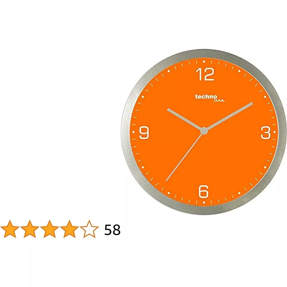 Une horloge murale ronde orange avec un cadre et des aiguilles argentés.