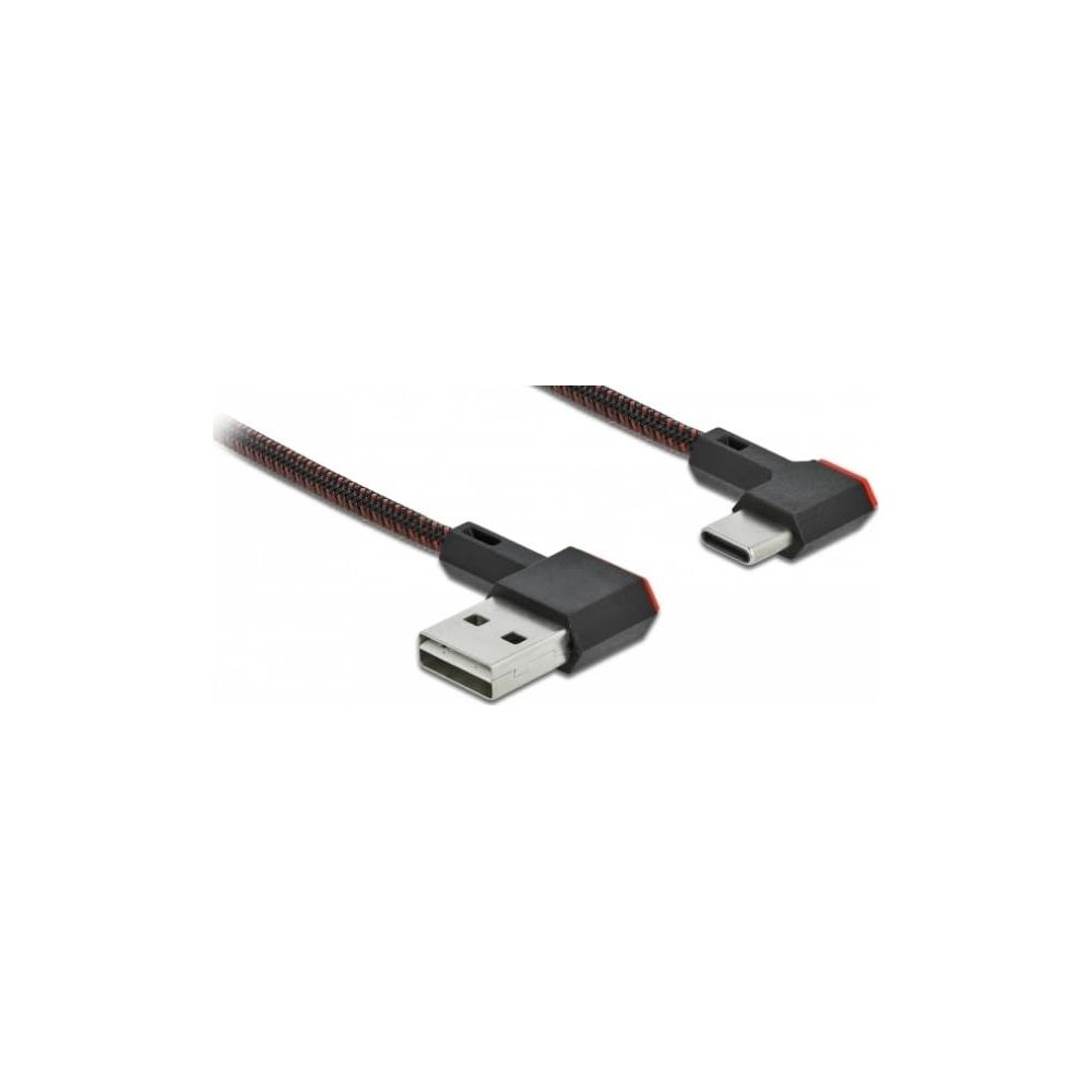 Un cavo USB-C a USB-A angolato, intrecciato nero e rosso.