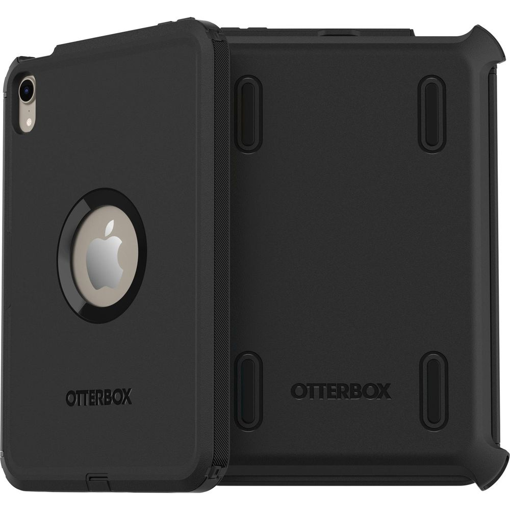 Deux étuis Otterbox noirs pour iPad. L'un montre le logo Apple.