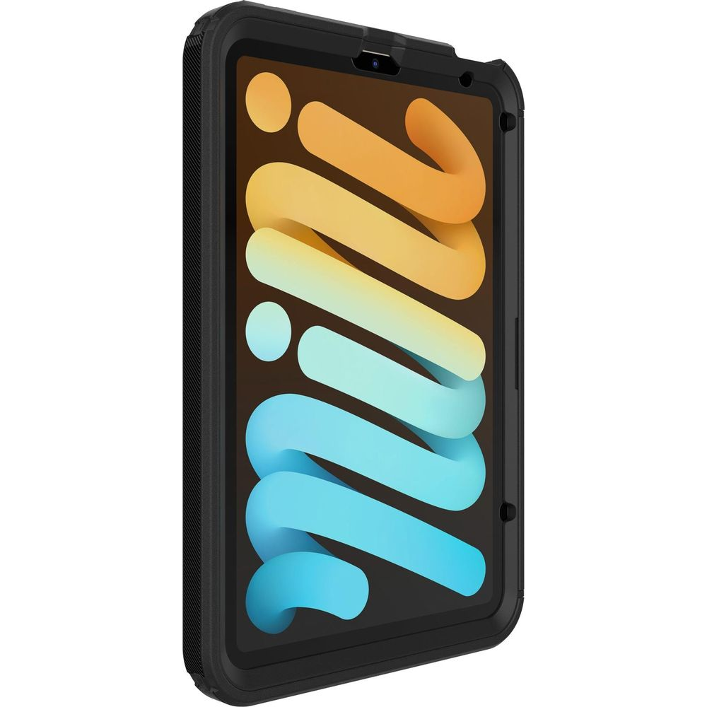 Une tablette noire dans un étui robuste avec un fond d'écran coloré.