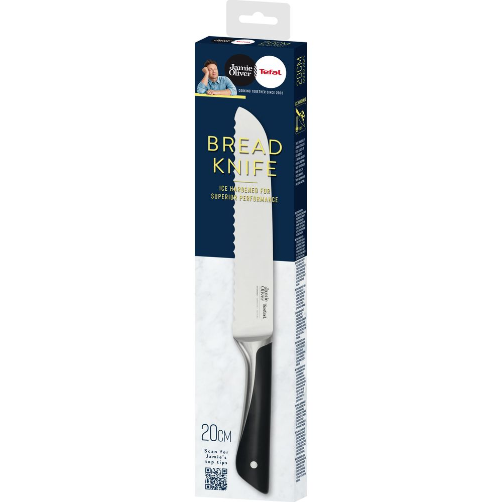 Verpackung eines 20cm Jamie Oliver Tefal Brotmessers mit Wellenschliff.