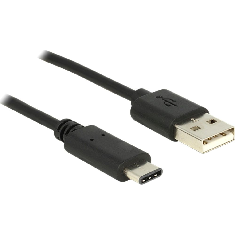 Un câble USB-C vers USB-A noir avec connecteurs métalliques, isolé sur blanc.
