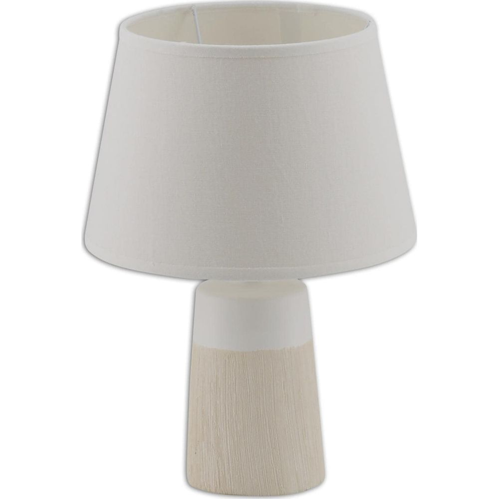 Eine weiße Lampe mit einem kegelförmigen Schirm und einem zweifarbigen Sockel.