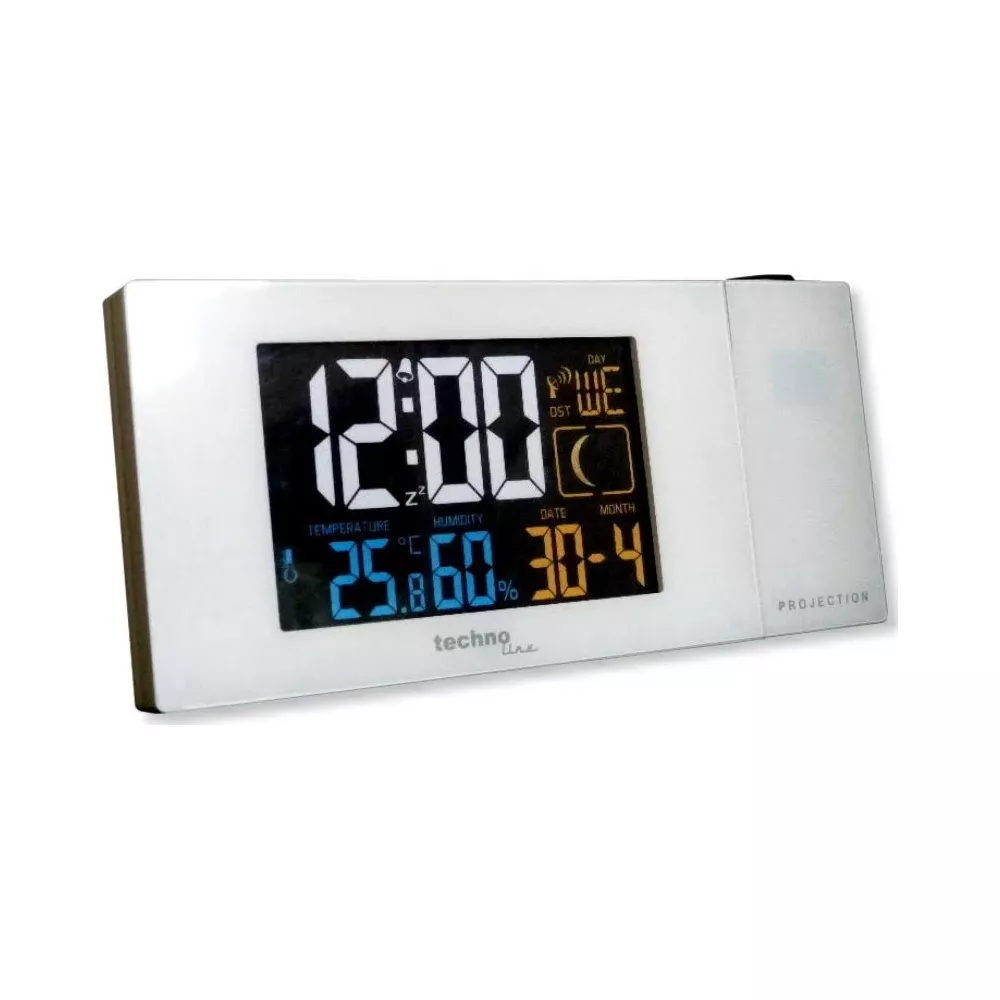 Digitaluhr mit Temperatur, Luftfeuchtigkeit, Datum und Uhrzeit.